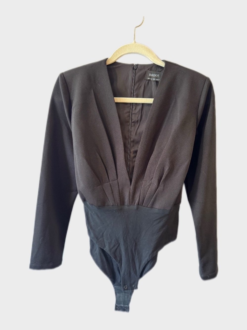 Bardot Black Long-Sleeve Deep V Plunge Bodysuit Pleated Open Back Tie Size M